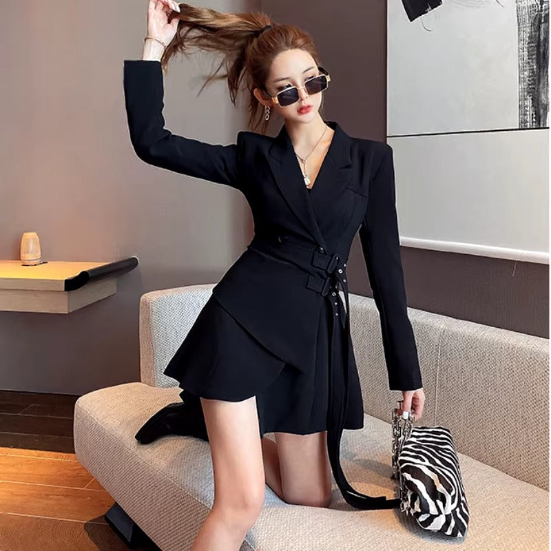 Fake Two-piece Lace Up Long Sleeved Office Lady Waistband Blazer Dress