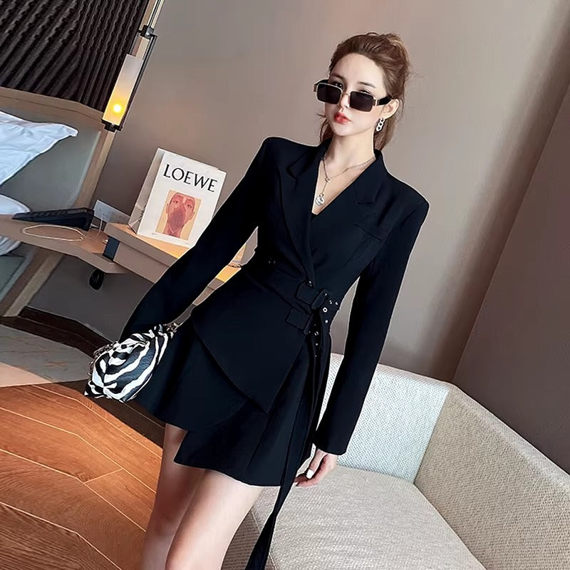 Fake Two-piece Lace Up Long Sleeved Office Lady Waistband Blazer Dress