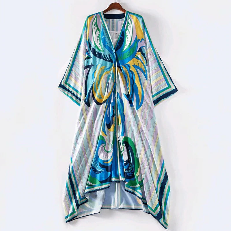 Batwing Sleeve Totem Print Loose Robe Dress