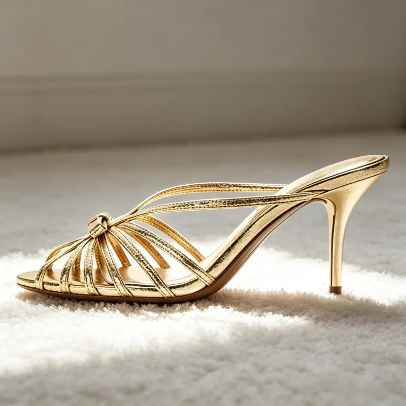 Bow Detail Cage-style Mule Sandals High-quality Metallic-effect Gold Heel