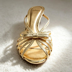 Bow Detail Cage-style Mule Sandals High-quality Metallic-effect Gold Heel