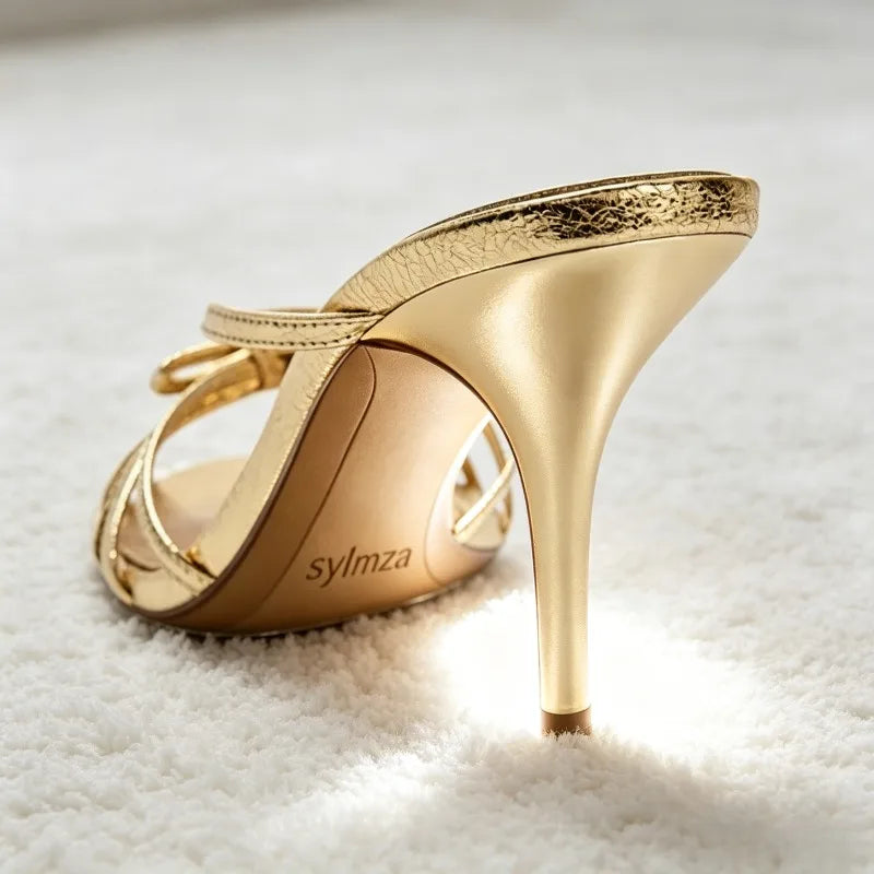Bow Detail Cage-style Mule Sandals High-quality Metallic-effect Gold Heel