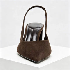Brown Faux Suede Chunky Pumps Pointed Toe Slingback High Heel