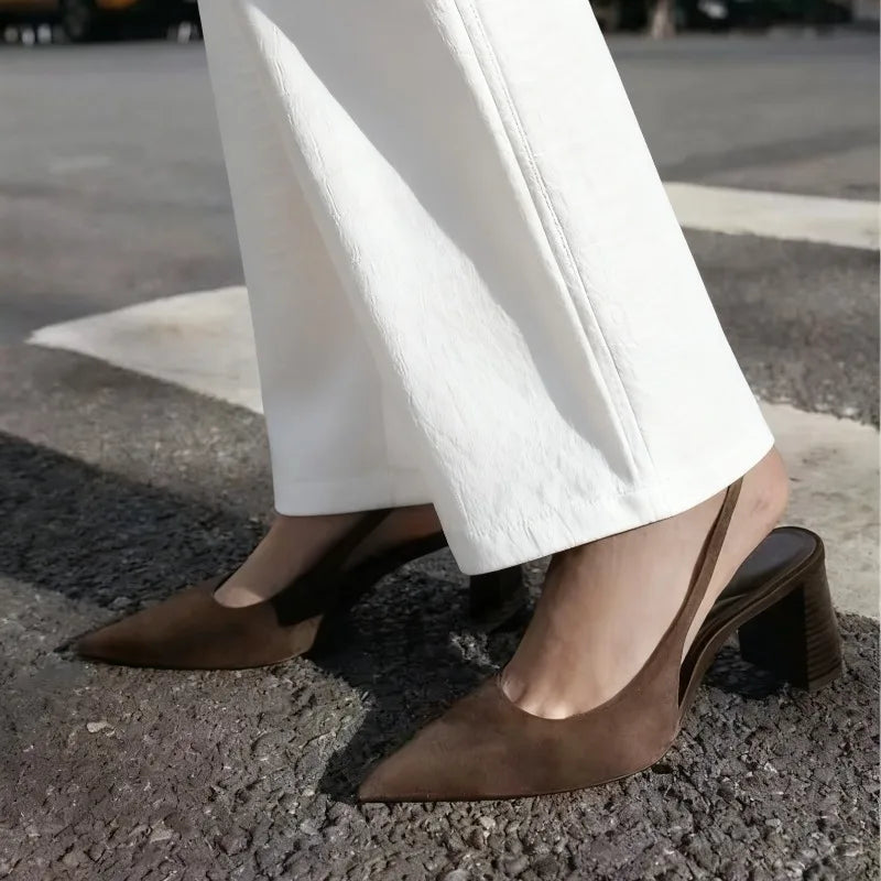 Brown Faux Suede Chunky Pumps Pointed Toe Slingback High Heel