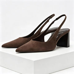 Brown Faux Suede Chunky Pumps Pointed Toe Slingback High Heel