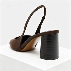 Brown Faux Suede Chunky Pumps Pointed Toe Slingback High Heel