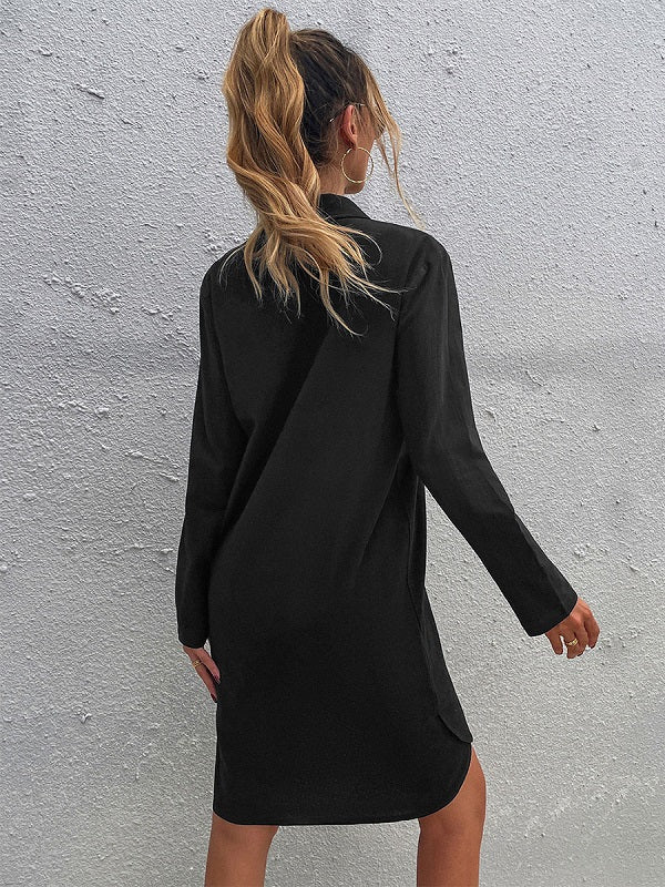 Buttons Polyester Long Sleeves Stretch V-Neck Midi Dress