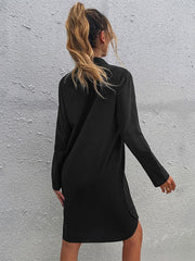 Buttons Polyester Long Sleeves Stretch V-Neck Midi Dress