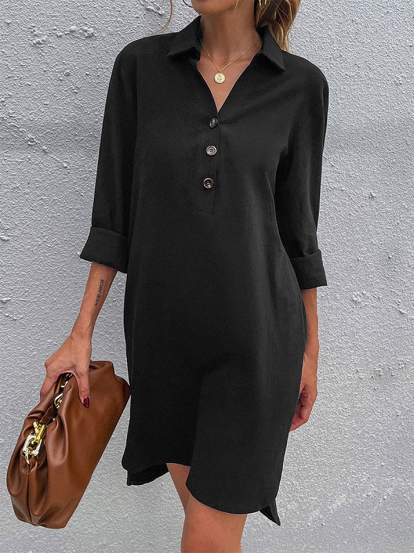 Buttons Polyester Long Sleeves Stretch V-Neck Midi Dress