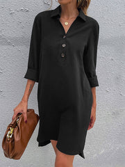 Buttons Polyester Long Sleeves Stretch V-Neck Midi Dress