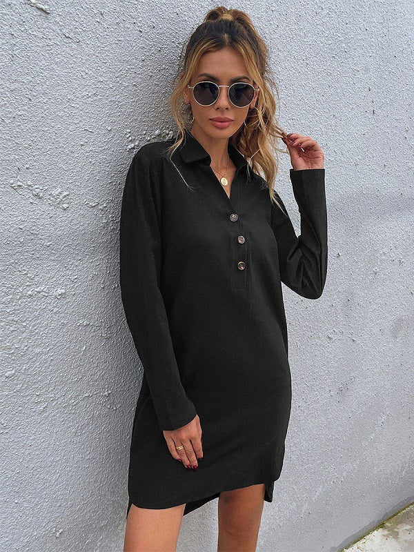 Buttons Polyester Long Sleeves Stretch V-Neck Midi Dress