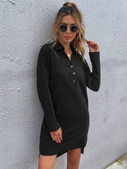 Buttons Polyester Long Sleeves Stretch V-Neck Midi Dress