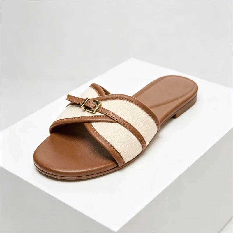 Canvas Belt Buckle Designer Slippers Comfortable Lightweight Slide Sandals Elegant Peep Toe Flat Sandals