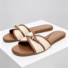 Canvas Belt Buckle Designer Slippers Comfortable Lightweight Slide Sandals Elegant Peep Toe Flat Sandals