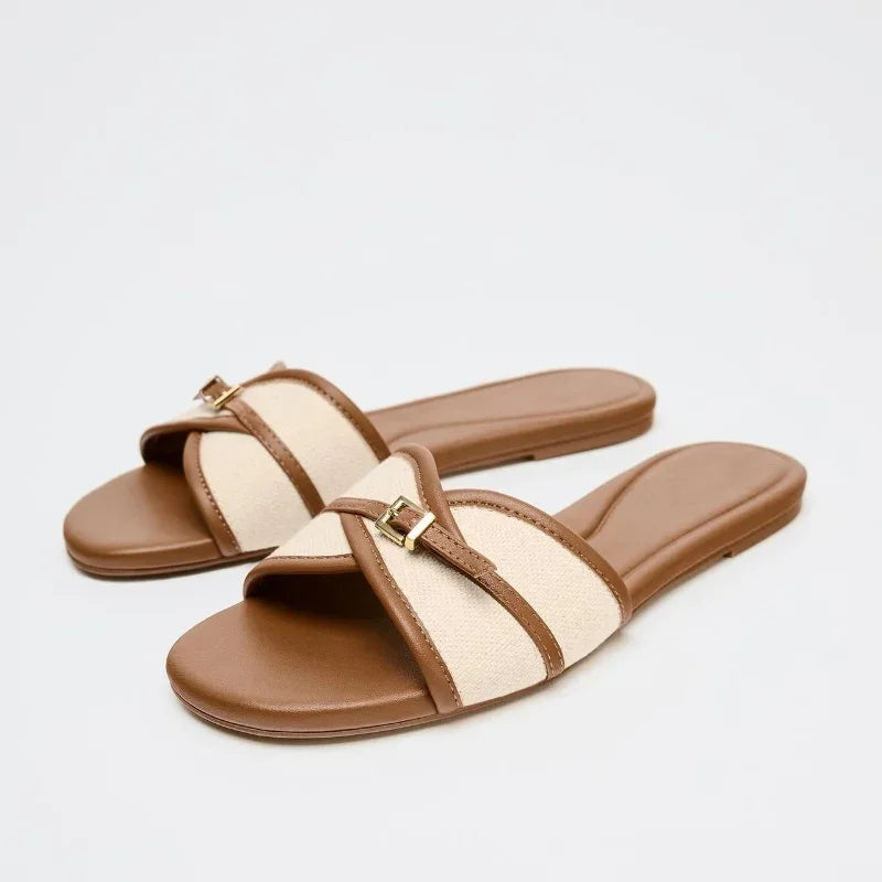 Canvas Belt Buckle Designer Slippers Comfortable Lightweight Slide Sandals Elegant Peep Toe Flat Sandals