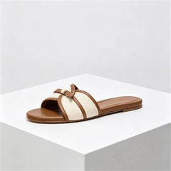 Canvas Belt Buckle Designer Slippers Comfortable Lightweight Slide Sandals Elegant Peep Toe Flat Sandals