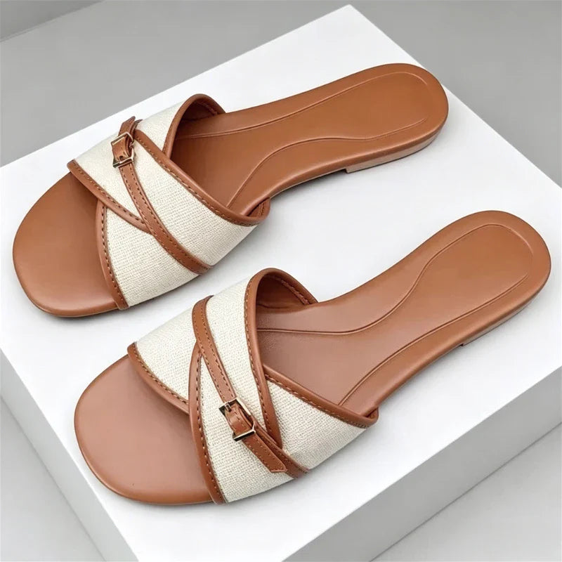 Canvas Belt Buckle Designer Slippers Comfortable Lightweight Slide Sandals Elegant Peep Toe Flat Sandals