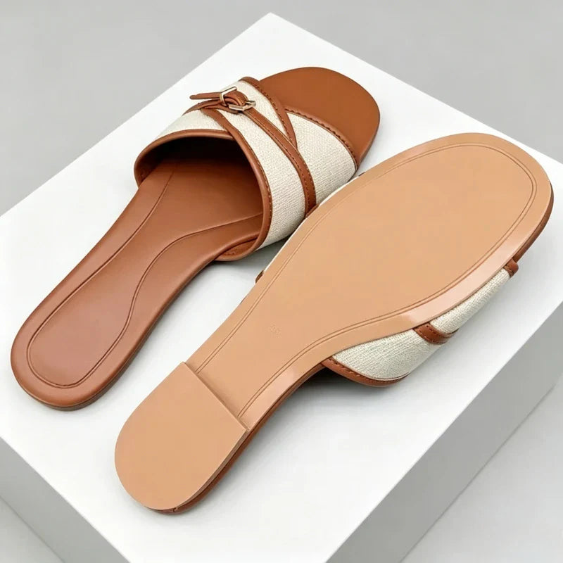 Canvas Belt Buckle Designer Slippers Comfortable Lightweight Slide Sandals Elegant Peep Toe Flat Sandals