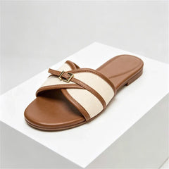 Canvas Belt Buckle Designer Slippers Comfortable Lightweight Slide Sandals Elegant Peep Toe Flat Sandals