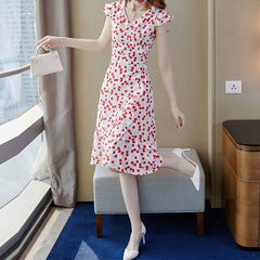 Folds Elegant V-Neck Asymmetrical Casual Ruffles Spliced Printed Midi Dress