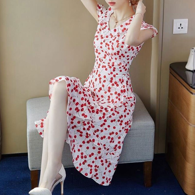 Folds Elegant V-Neck Asymmetrical Casual Ruffles Spliced Printed Midi Dress