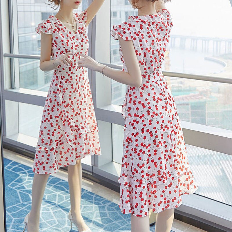 Folds Elegant V-Neck Asymmetrical Casual Ruffles Spliced Printed Midi Dress