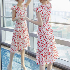 Folds Elegant V-Neck Asymmetrical Casual Ruffles Spliced Printed Midi Dress