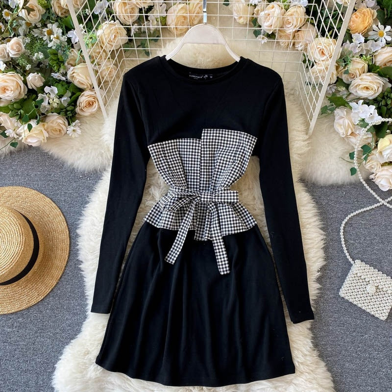 Chic O Neck Long Sleeve A-line Style Streetwear Short Dress