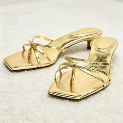 Cross Tied Kitten-Heel Sandals Unique Metallic-Effect Cracked Detail Slide Sandals Clip Toe Beach Flip-Flops
