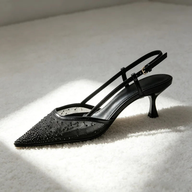 Crystal Detail Pointed-Toe Pumps Breathability Mesh Kitten-Heel Sandals Cozy Adjustable Back Strap Designer Shoes