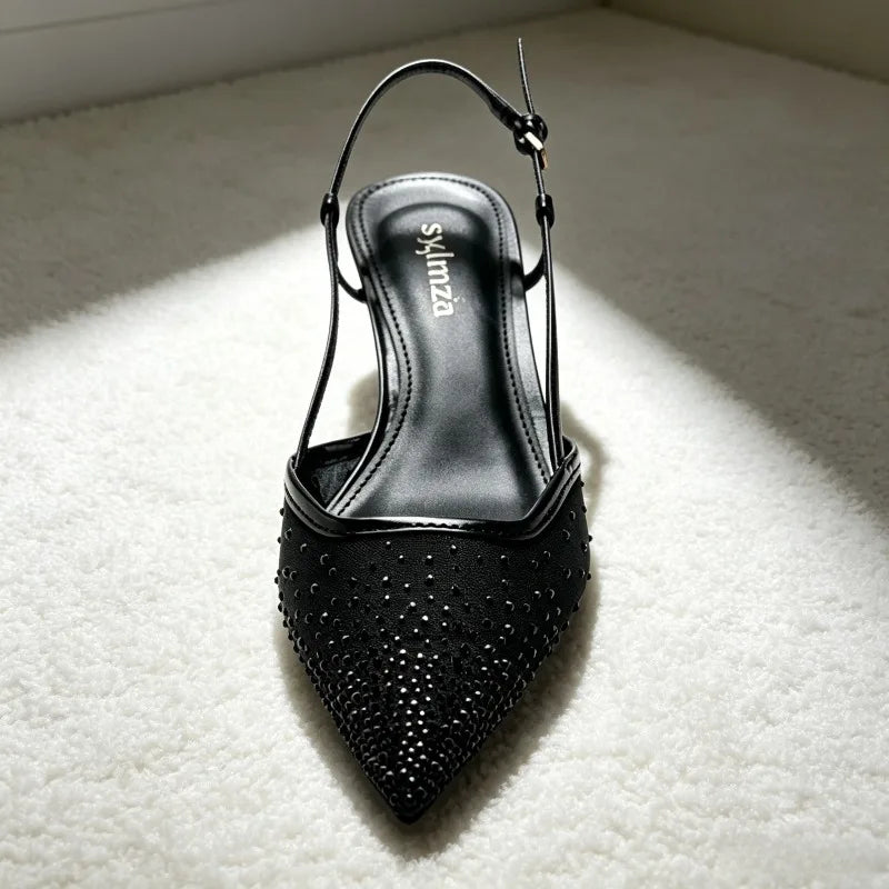 Crystal Detail Pointed-Toe Pumps Breathability Mesh Kitten-Heel Sandals Cozy Adjustable Back Strap Designer Shoes