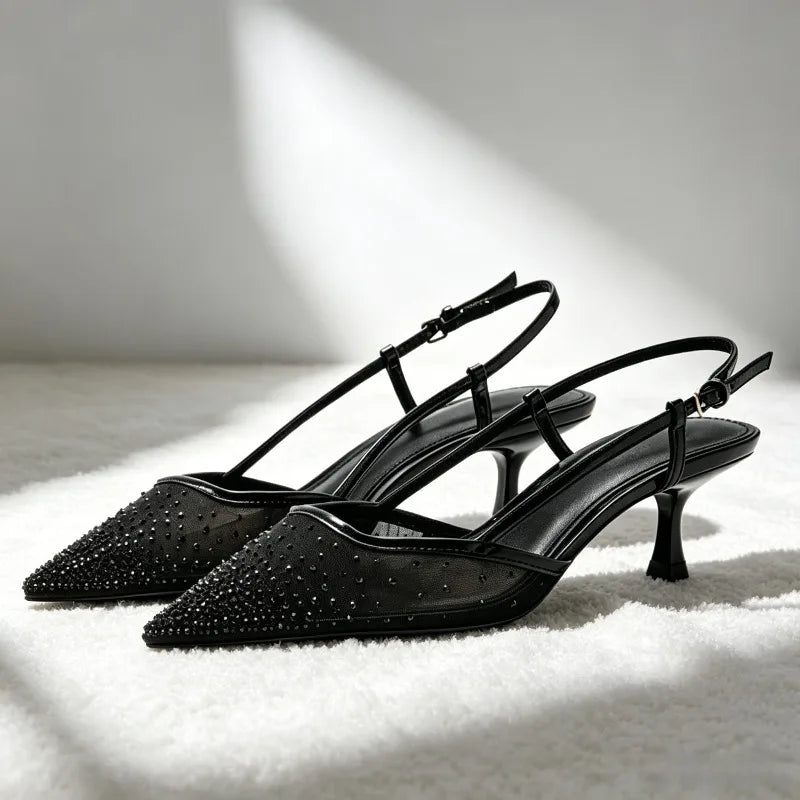 Crystal Detail Pointed-Toe Pumps Breathability Mesh Kitten-Heel Sandals Cozy Adjustable Back Strap Designer Shoes