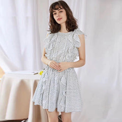 Casual Designer Elastic Waist Flower Print Ruffles Mini Dress