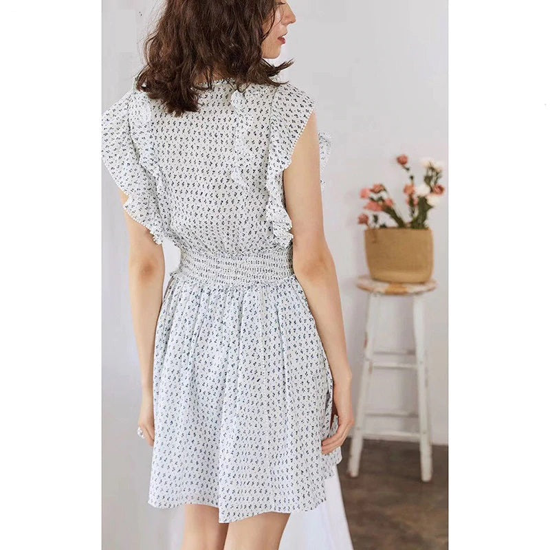 Casual Designer Elastic Waist Flower Print Ruffles Mini Dress