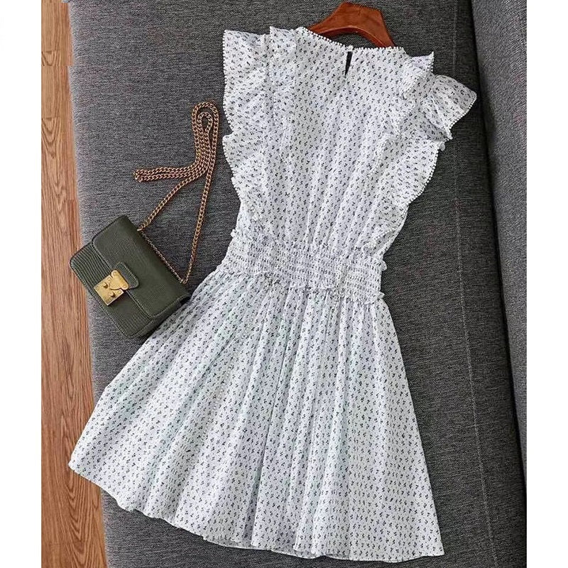 Casual Designer Elastic Waist Flower Print Ruffles Mini Dress