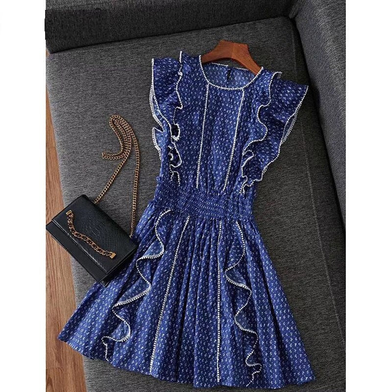 Casual Designer Elastic Waist Flower Print Ruffles Mini Dress
