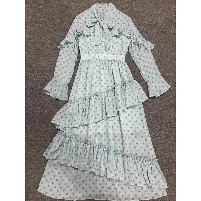 Dot Print Long Sleeve Bow Collar Cascading Ruffle Long Dress