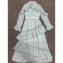 Dot Print Long Sleeve Bow Collar Cascading Ruffle Long Dress