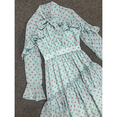Dot Print Long Sleeve Bow Collar Cascading Ruffle Long Dress