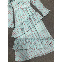 Dot Print Long Sleeve Bow Collar Cascading Ruffle Long Dress