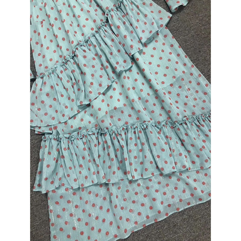 Dot Print Long Sleeve Bow Collar Cascading Ruffle Long Dress
