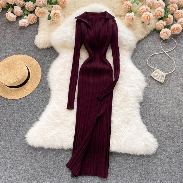 Elastic Knitted Long Sleeves Midi Dress
