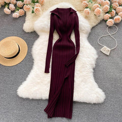 Elastic Knitted Long Sleeves Midi Dress