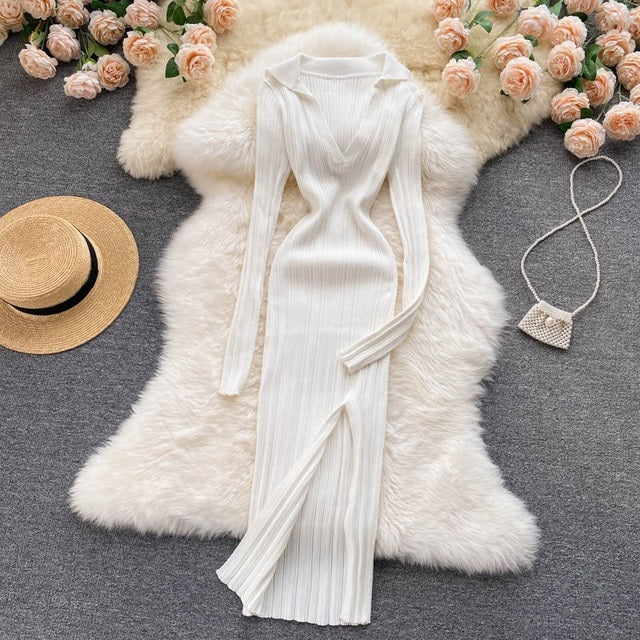 Elastic Knitted Long Sleeves Midi Dress