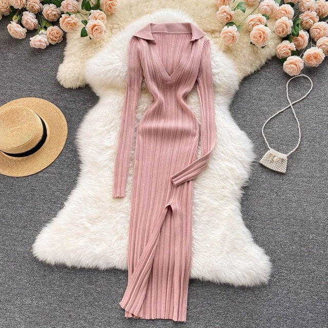 Elastic Knitted Long Sleeves Midi Dress