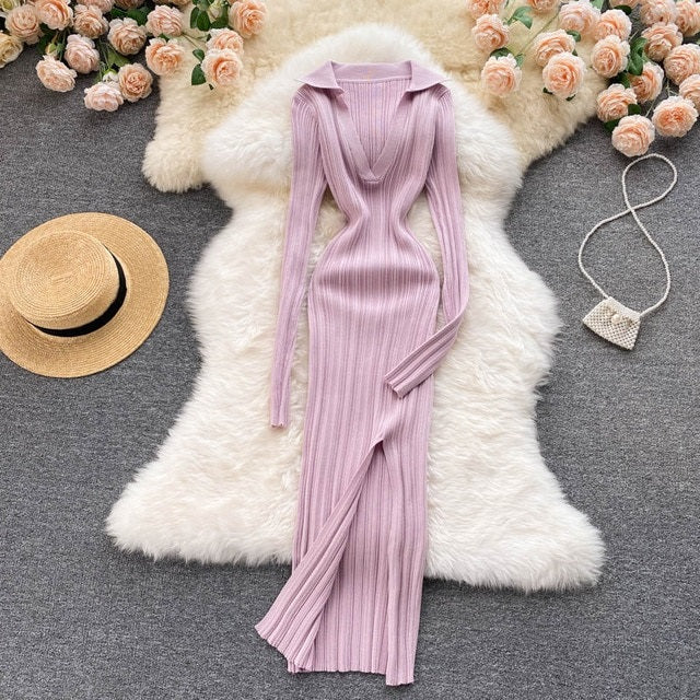Elastic Knitted Long Sleeves Midi Dress