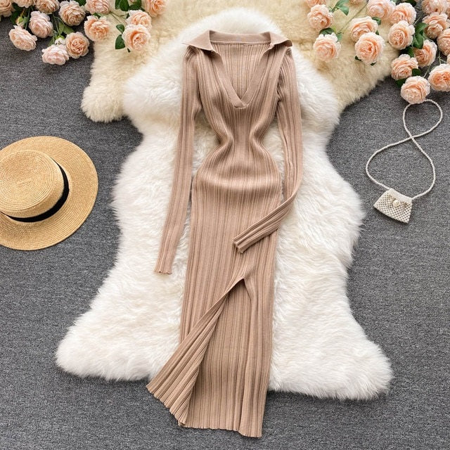 Elastic Knitted Long Sleeves Midi Dress