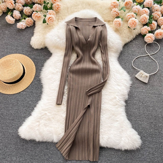 Elastic Knitted Long Sleeves Midi Dress