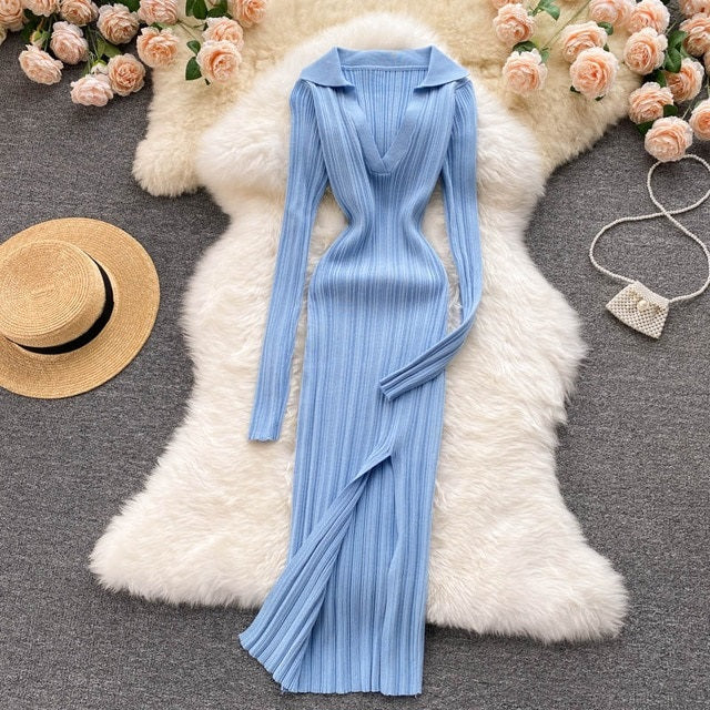 Elastic Knitted Long Sleeves Midi Dress