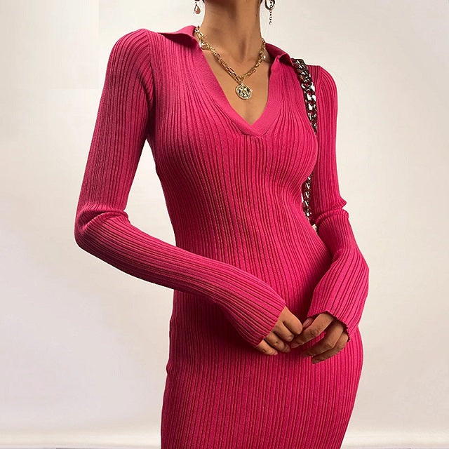 Elastic Knitted Long Sleeves Midi Dress